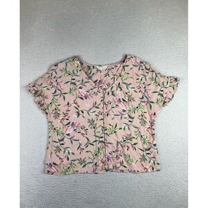 M&S Pajama Top Womens 12 Pink Bird Floral Button Front Short Sleeve Sleepwear